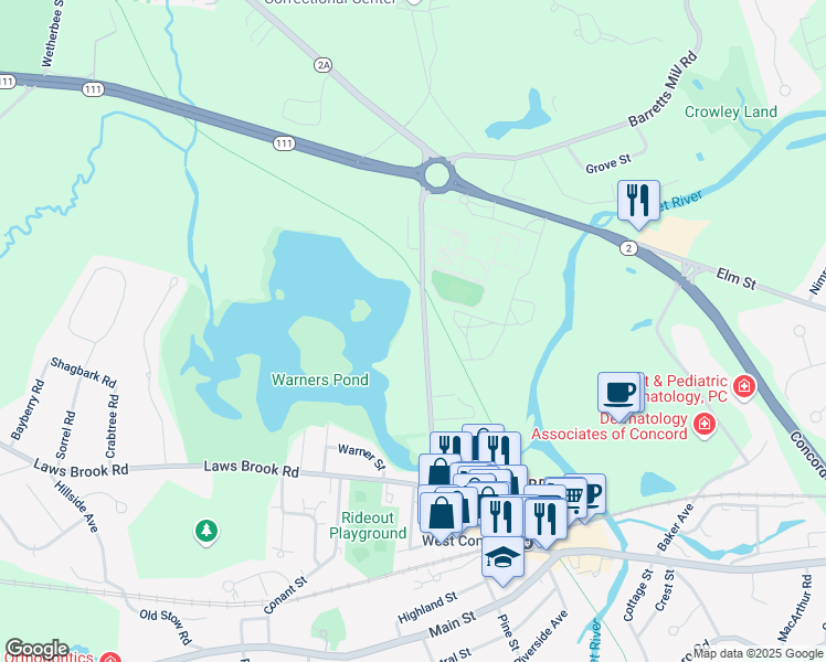 map of restaurants, bars, coffee shops, grocery stores, and more near 1A Warner Street in Concord