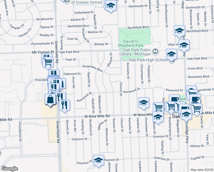 map of restaurants, bars, coffee shops, grocery stores, and more near 23500 Marlow Street in Oak Park