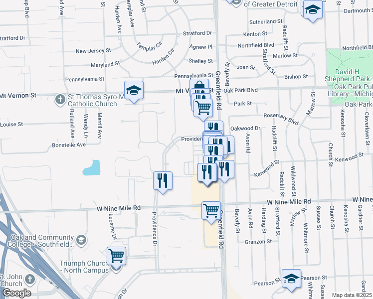 map of restaurants, bars, coffee shops, grocery stores, and more near 15667 Stone Crossing Drive in Southfield
