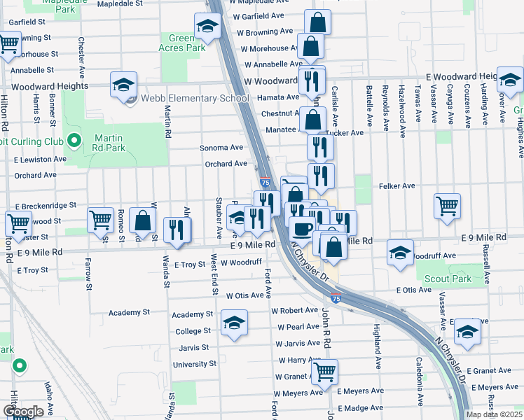 map of restaurants, bars, coffee shops, grocery stores, and more near 23233 South Chrysler Drive in Hazel Park