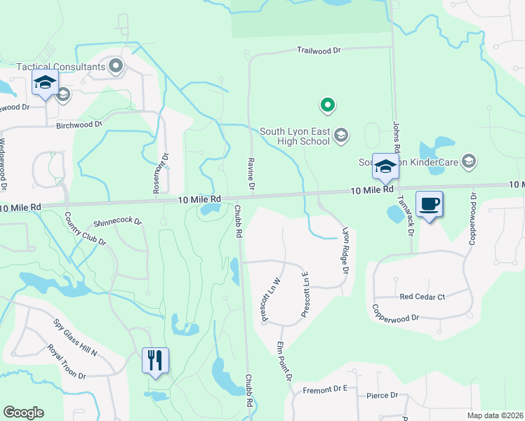 map of restaurants, bars, coffee shops, grocery stores, and more near 52797 10 Mile Road in South Lyon