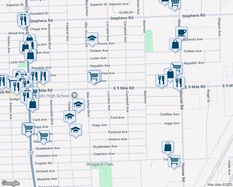 map of restaurants, bars, coffee shops, grocery stores, and more near 11055 East 9 Mile Road in Warren