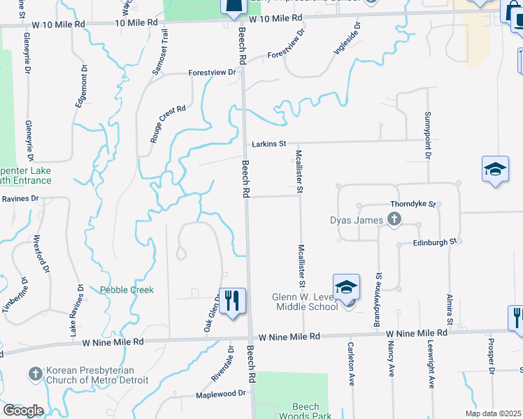 map of restaurants, bars, coffee shops, grocery stores, and more near 25684 Hickory Hill Street in Southfield