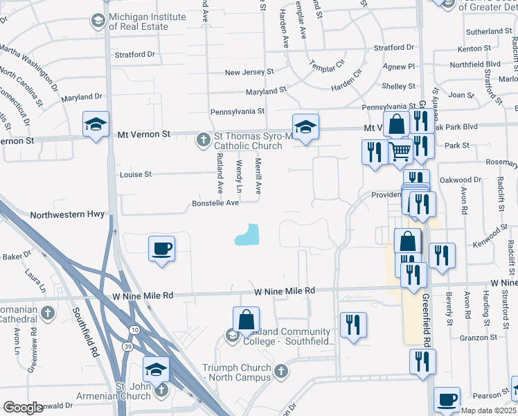 map of restaurants, bars, coffee shops, grocery stores, and more near 23688 Merrill Avenue in Southfield