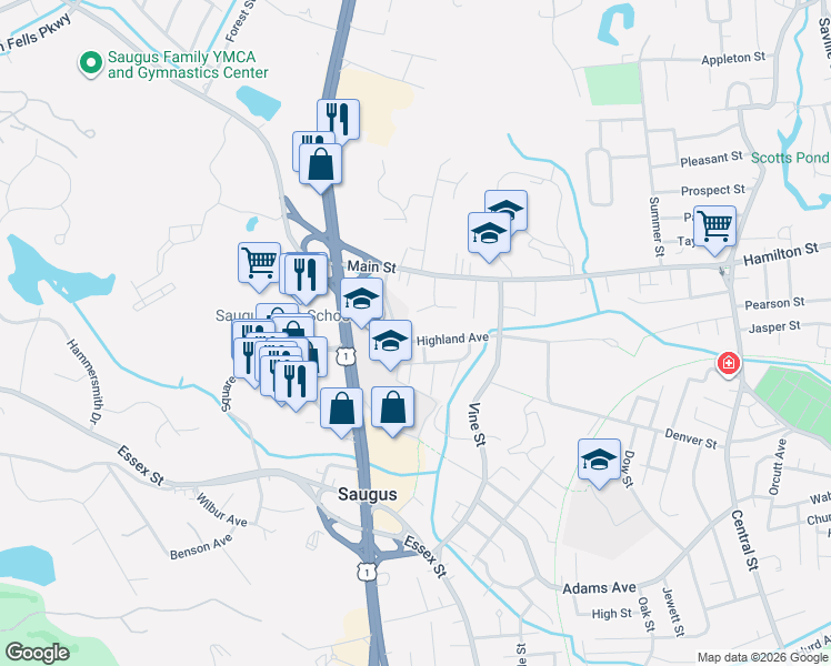 map of restaurants, bars, coffee shops, grocery stores, and more near 11 Kennedy Drive in Saugus