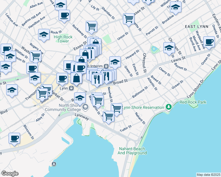 map of restaurants, bars, coffee shops, grocery stores, and more near 105 Broad Street in Lynn