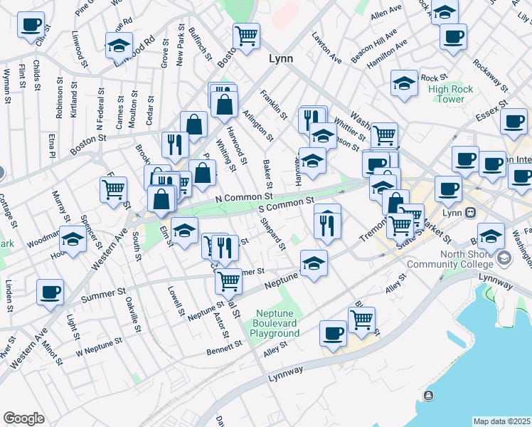 map of restaurants, bars, coffee shops, grocery stores, and more near 95-105 North Common Street in Lynn