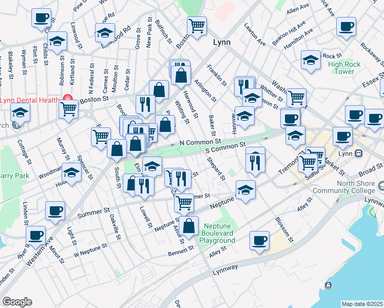 map of restaurants, bars, coffee shops, grocery stores, and more near 117 North Common Street in Lynn