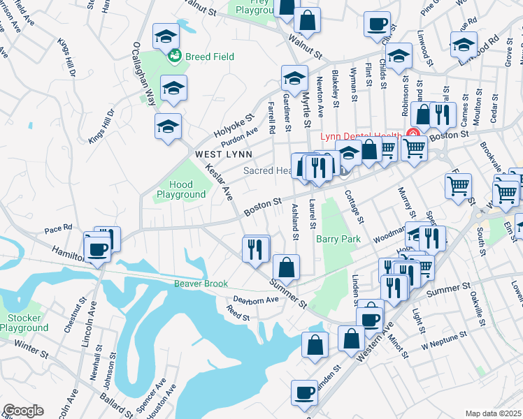map of restaurants, bars, coffee shops, grocery stores, and more near 649 Boston Street in Lynn