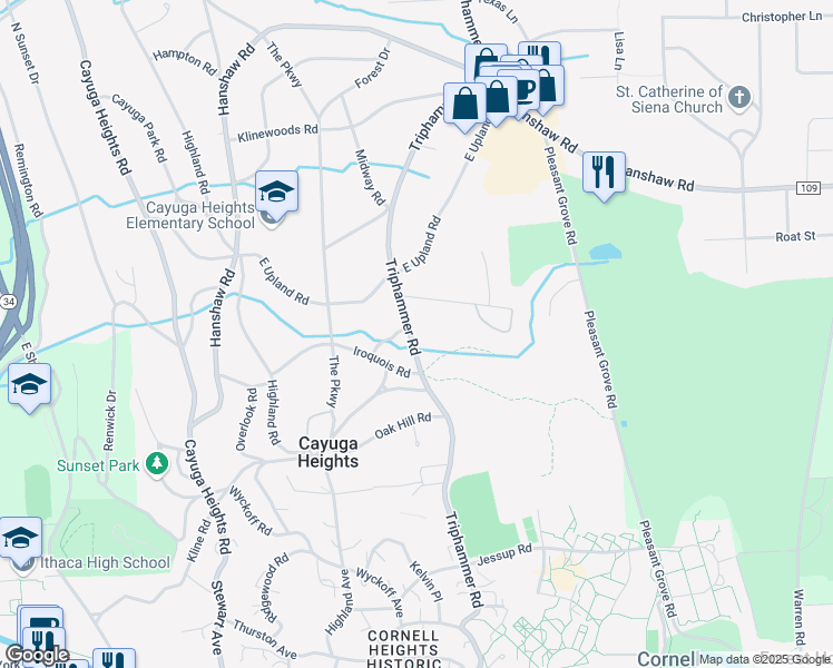 map of restaurants, bars, coffee shops, grocery stores, and more near 807 Triphammer Road in Ithaca