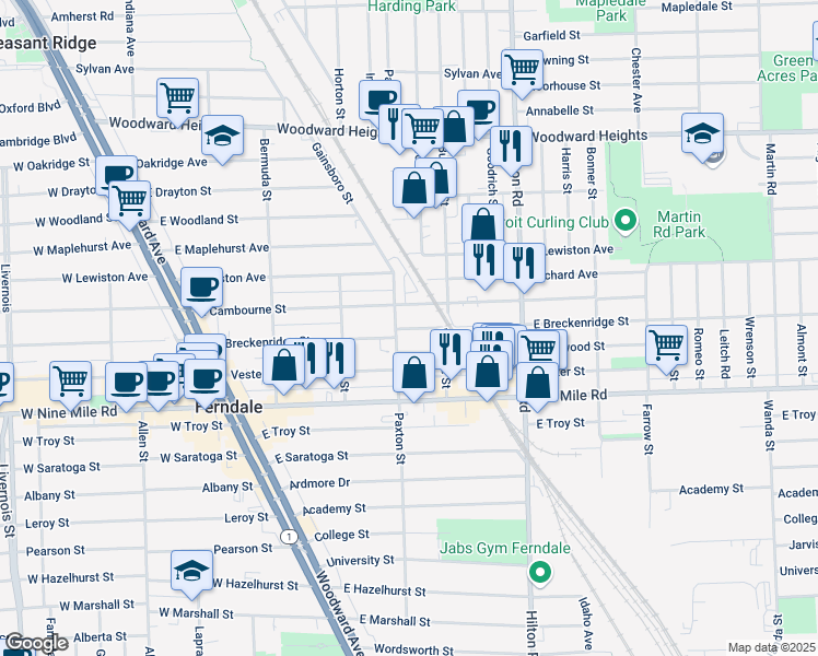 map of restaurants, bars, coffee shops, grocery stores, and more near 610 East Cambourne Street in Ferndale