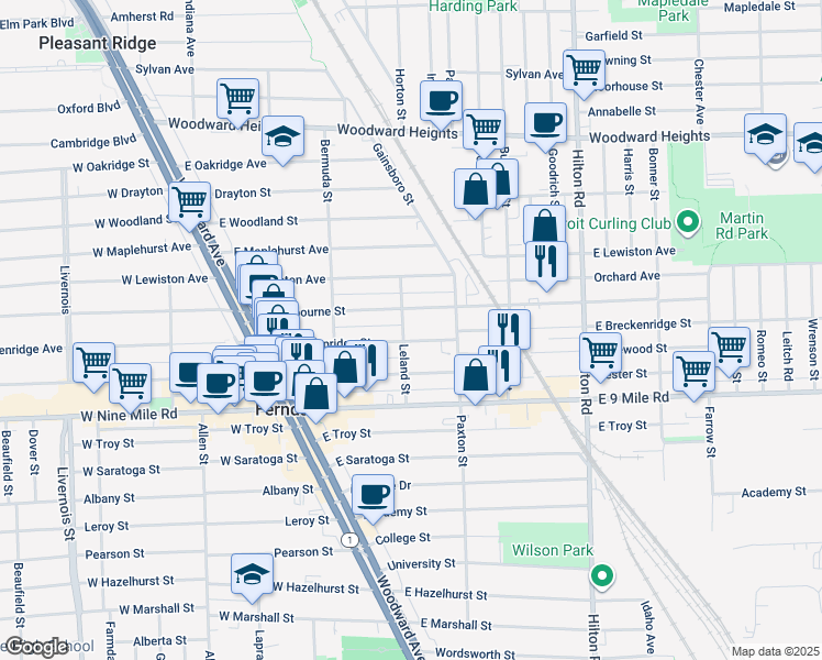 map of restaurants, bars, coffee shops, grocery stores, and more near 443 East Cambourne Street in Ferndale