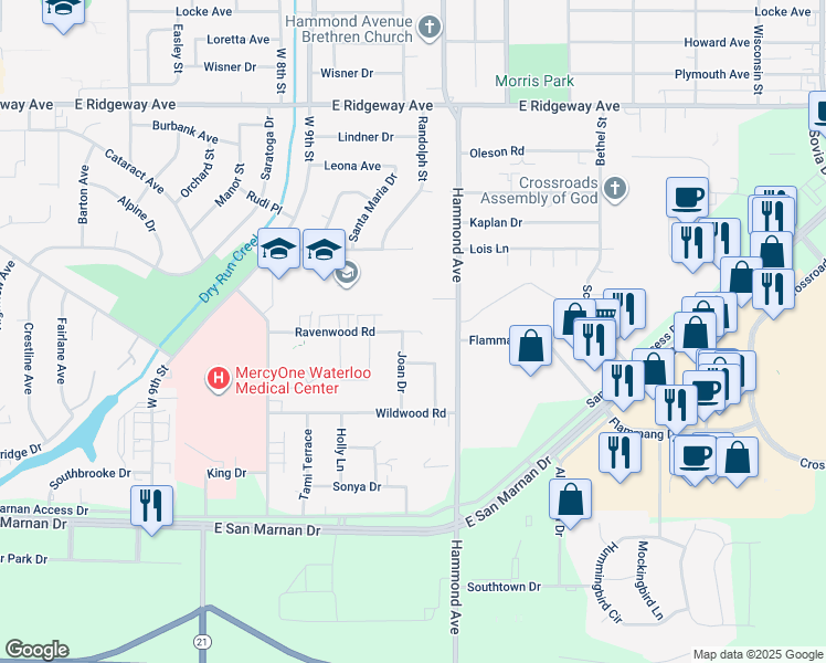 map of restaurants, bars, coffee shops, grocery stores, and more near 1303 Ravenwood Road in Waterloo