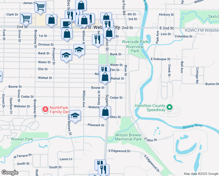 map of restaurants, bars, coffee shops, grocery stores, and more near 1403-1421 Superior Street in Webster City