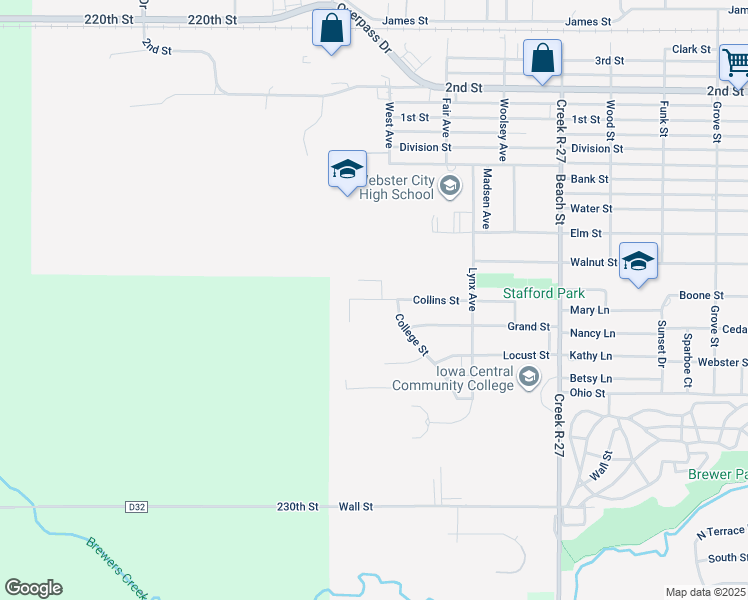 map of restaurants, bars, coffee shops, grocery stores, and more near 1601 Collins Street in Webster City