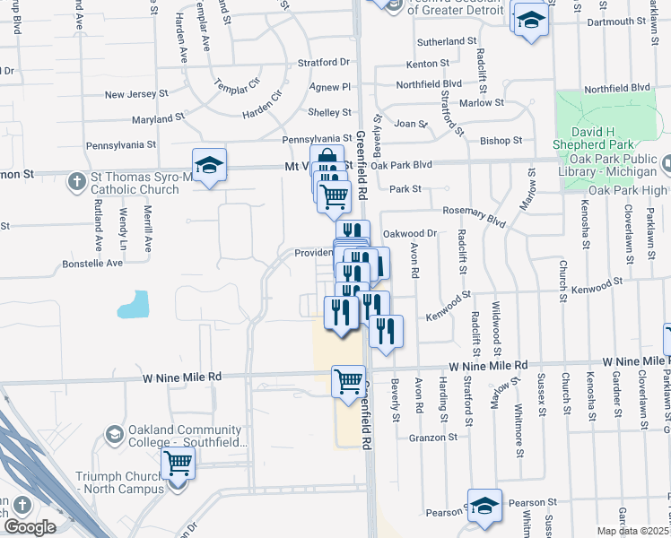 map of restaurants, bars, coffee shops, grocery stores, and more near 23501 Greenfield Road in Southfield