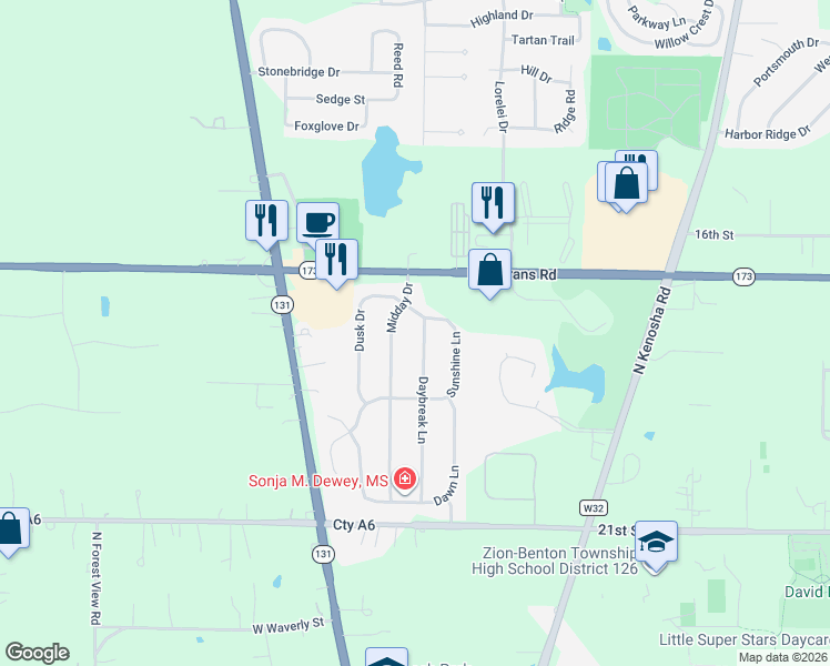 map of restaurants, bars, coffee shops, grocery stores, and more near 1707 Sunshine Lane in Zion