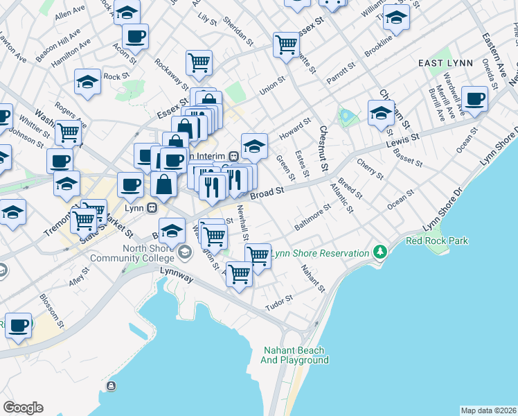 map of restaurants, bars, coffee shops, grocery stores, and more near 105 Broad Street in Lynn