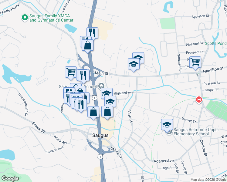 map of restaurants, bars, coffee shops, grocery stores, and more near 11 Kennedy Drive in Saugus