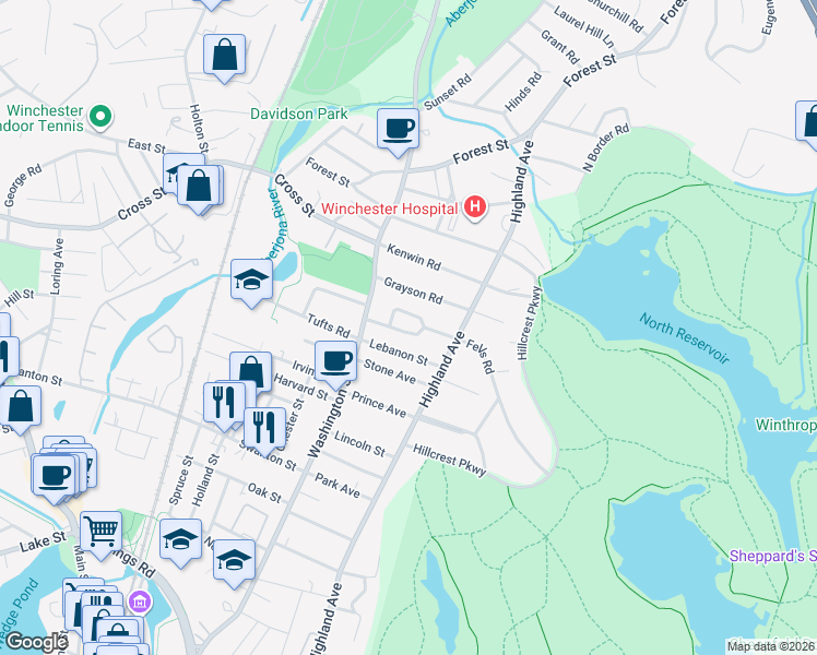 map of restaurants, bars, coffee shops, grocery stores, and more near 10 Bonad Road in Winchester