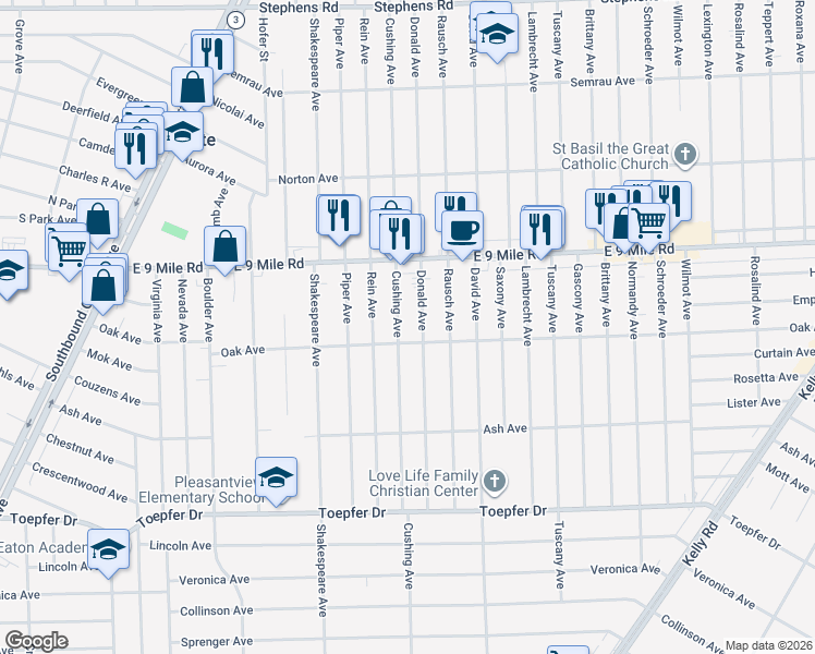 map of restaurants, bars, coffee shops, grocery stores, and more near 22469 Cushing Avenue in Eastpointe