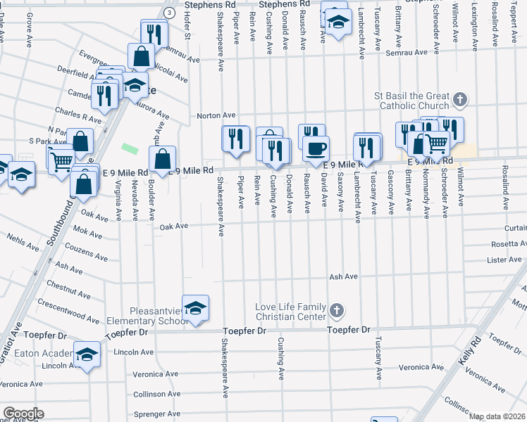 map of restaurants, bars, coffee shops, grocery stores, and more near 22469 Cushing Avenue in Eastpointe