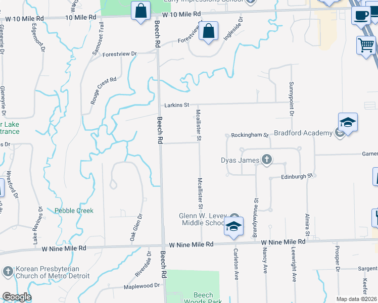 map of restaurants, bars, coffee shops, grocery stores, and more near 25578 Hickory Hill Street in Southfield