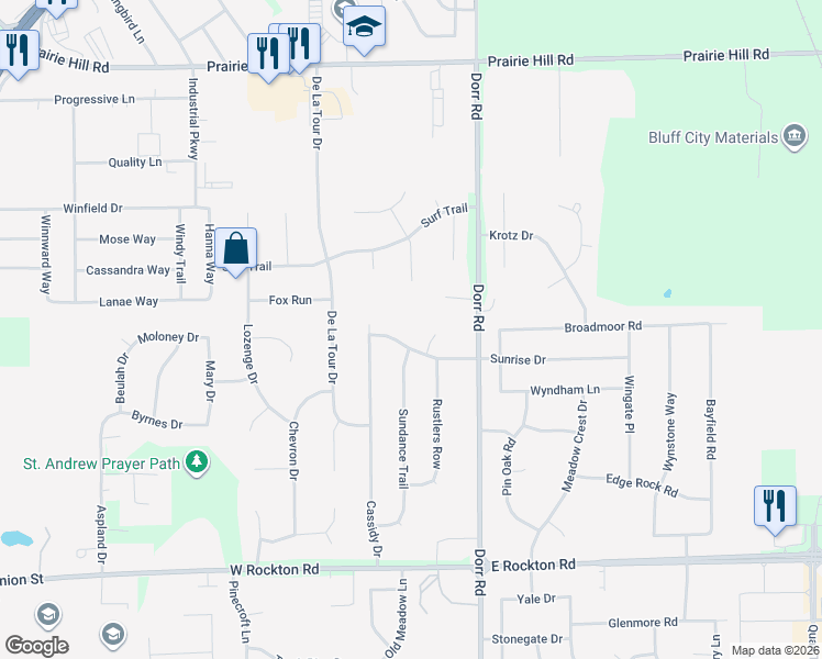 map of restaurants, bars, coffee shops, grocery stores, and more near 13985 Sunrise Circle in Rockton
