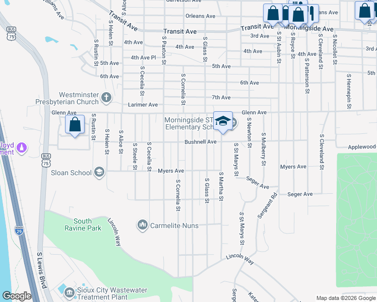 map of restaurants, bars, coffee shops, grocery stores, and more near 3451-3499 Bushnell Ave in Sioux City