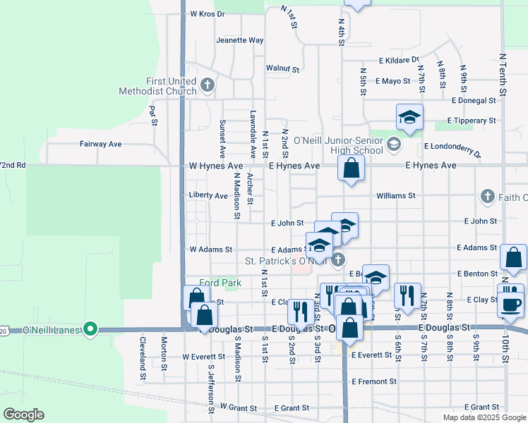 map of restaurants, bars, coffee shops, grocery stores, and more near 548 North 1st Street in O'Neill