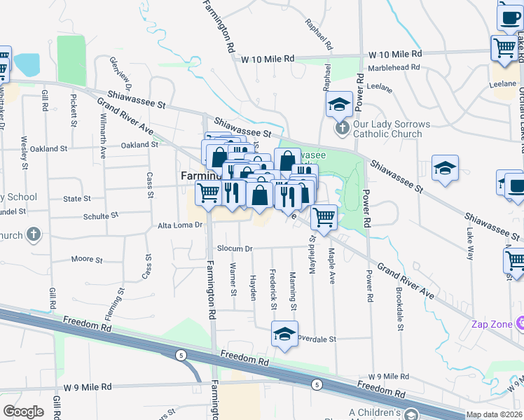 map of restaurants, bars, coffee shops, grocery stores, and more near 33025 Grand River Avenue in Farmington