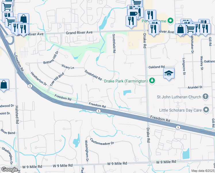 map of restaurants, bars, coffee shops, grocery stores, and more near 35987 Smithfield Road in Farmington