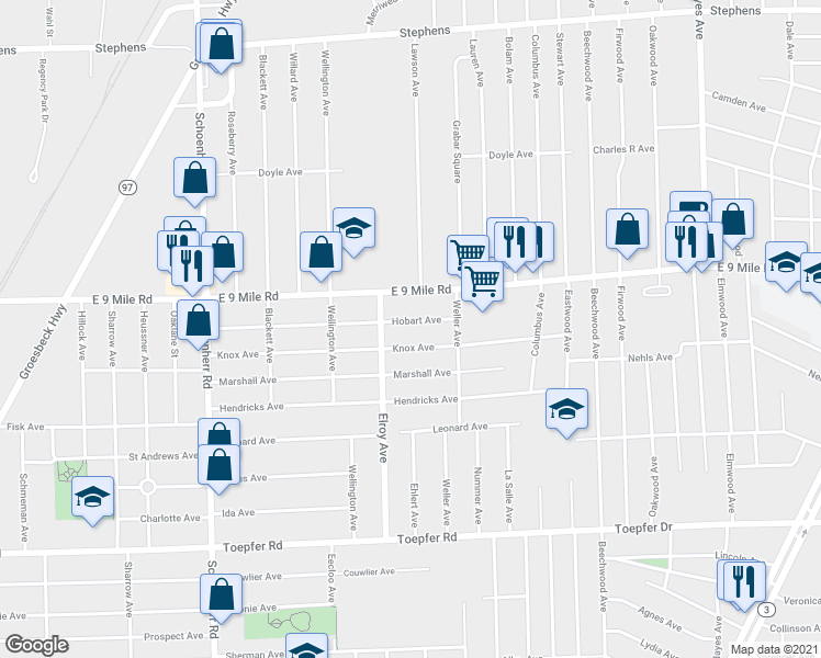 map of restaurants, bars, coffee shops, grocery stores, and more near 14252 Hobart Avenue in Warren