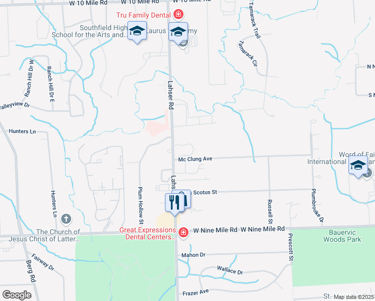 map of restaurants, bars, coffee shops, grocery stores, and more near 23692 Lahser Road in Southfield