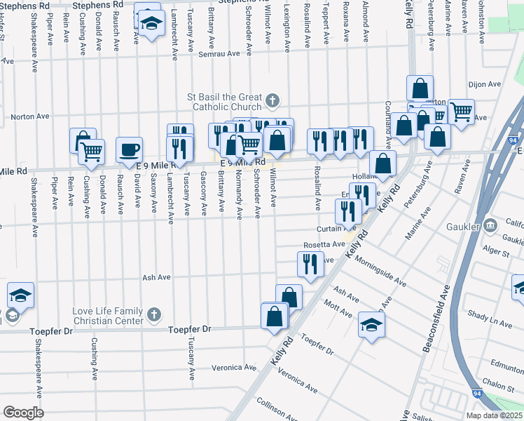 map of restaurants, bars, coffee shops, grocery stores, and more near 22412 Schroeder Avenue in Eastpointe