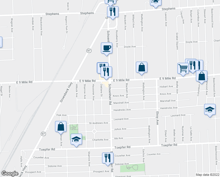 map of restaurants, bars, coffee shops, grocery stores, and more near Schoenherr Rd & Hobart Ave in Warren