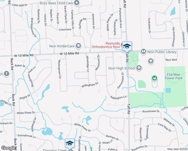 map of restaurants, bars, coffee shops, grocery stores, and more near 24069 Westmont Drive in Novi