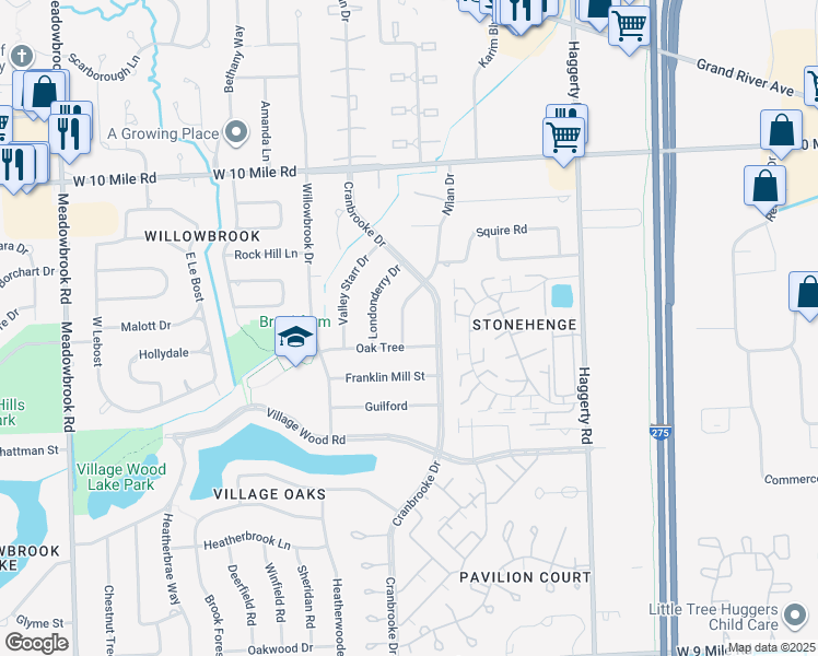 map of restaurants, bars, coffee shops, grocery stores, and more near 23540 Nilan Drive in Novi