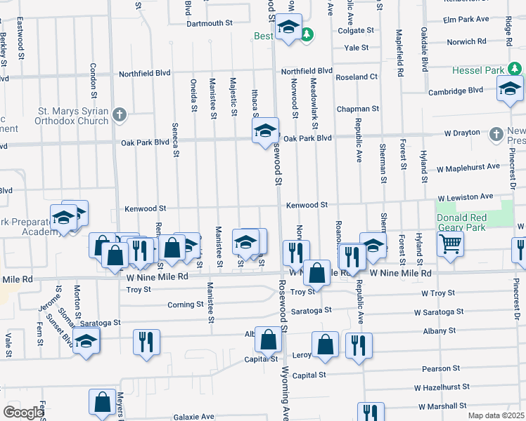 map of restaurants, bars, coffee shops, grocery stores, and more near 23280 Ithaca Street in Oak Park