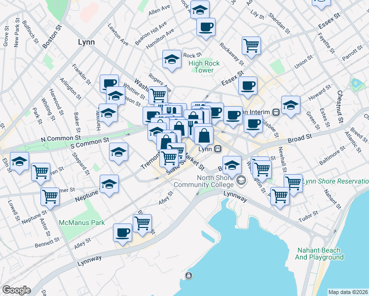 map of restaurants, bars, coffee shops, grocery stores, and more near 52 Andrew Street in Lynn