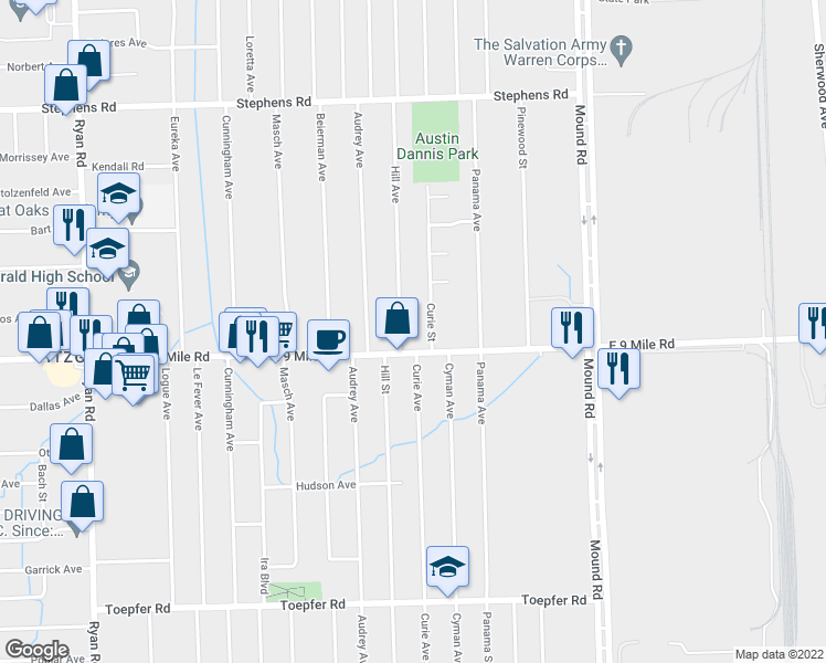 map of restaurants, bars, coffee shops, grocery stores, and more near 23088 Hill Avenue in Warren