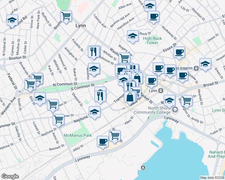 map of restaurants, bars, coffee shops, grocery stores, and more near 30 Pleasant Street in Lynn