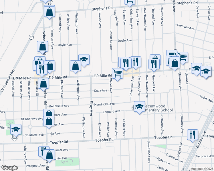 map of restaurants, bars, coffee shops, grocery stores, and more near 14319 Hobart Avenue in Warren