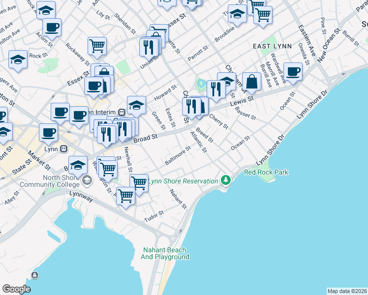 map of restaurants, bars, coffee shops, grocery stores, and more near 11-15 Broad Street Place in Lynn