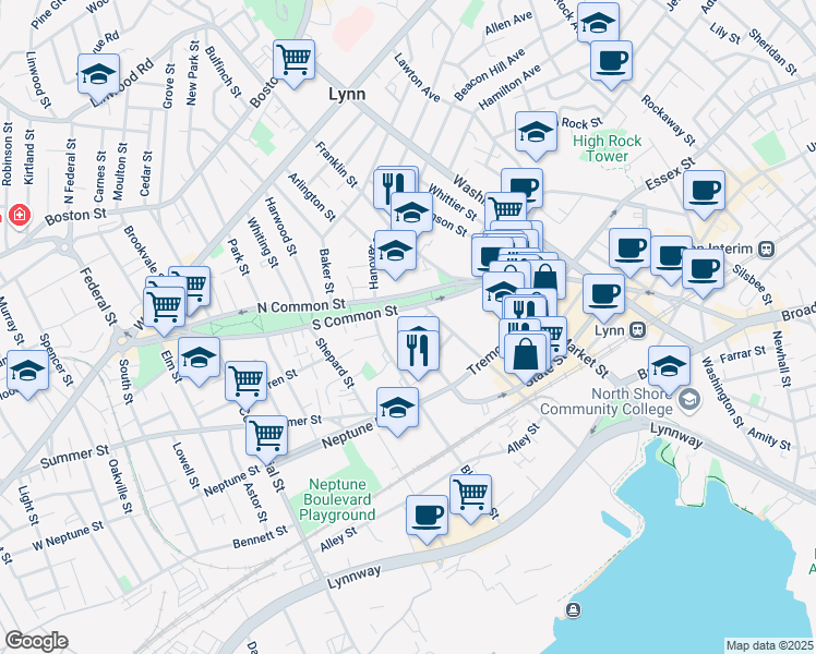 map of restaurants, bars, coffee shops, grocery stores, and more near in Lynn