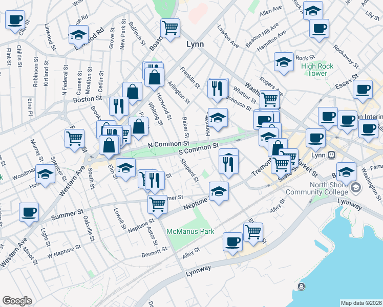 map of restaurants, bars, coffee shops, grocery stores, and more near 95-105 North Common Street in Lynn