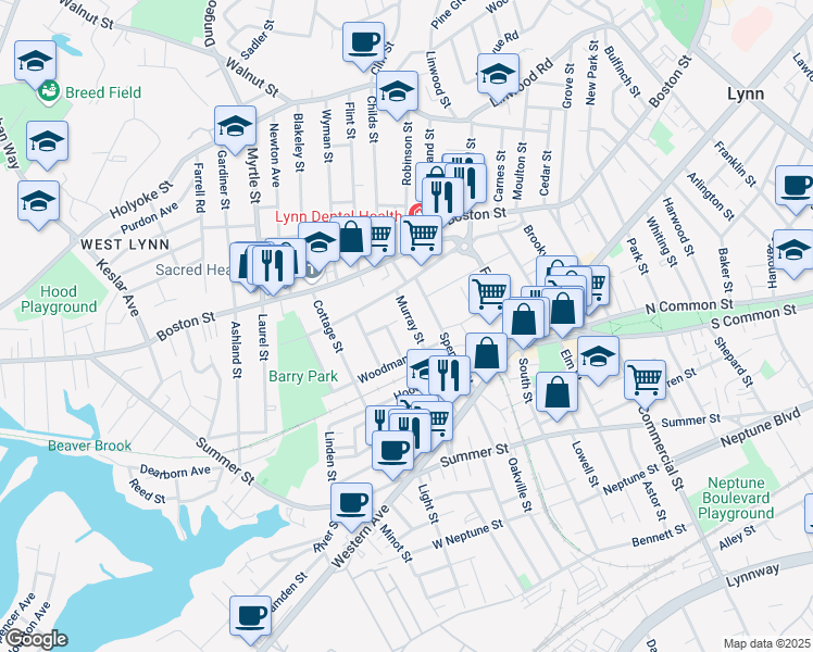 map of restaurants, bars, coffee shops, grocery stores, and more near 2A Fuller Street Court in Lynn