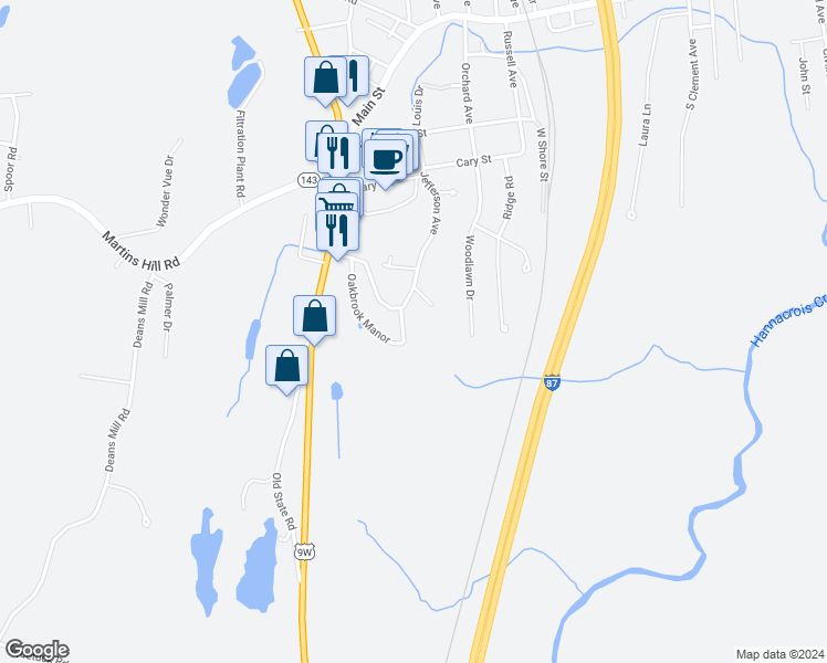 map of restaurants, bars, coffee shops, grocery stores, and more near 73-99 Oakbrook Manor in Ravena