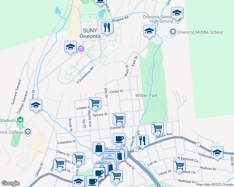 map of restaurants, bars, coffee shops, grocery stores, and more near 31 Cedar Street in Oneonta