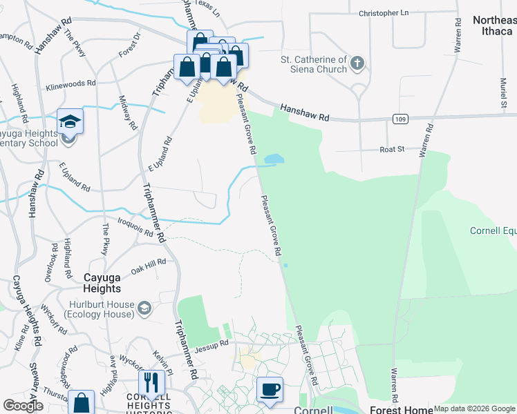 map of restaurants, bars, coffee shops, grocery stores, and more near 4 Pleasant Grove Lane in Ithaca